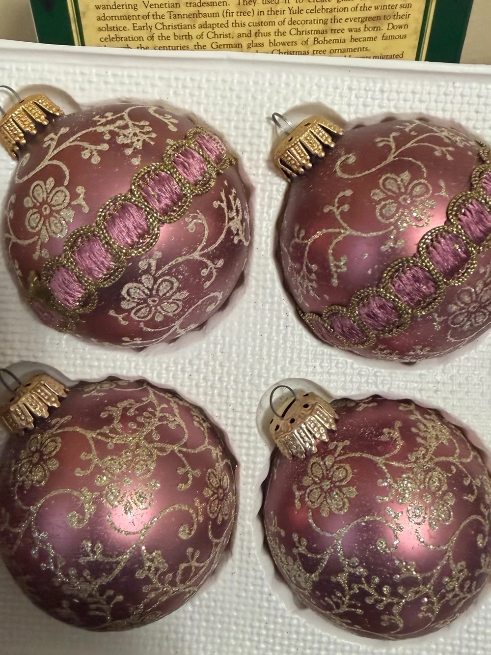 Christmas By Krebs -Style Pink Gold Floral Glass Holiday Ornaments - Set of 4